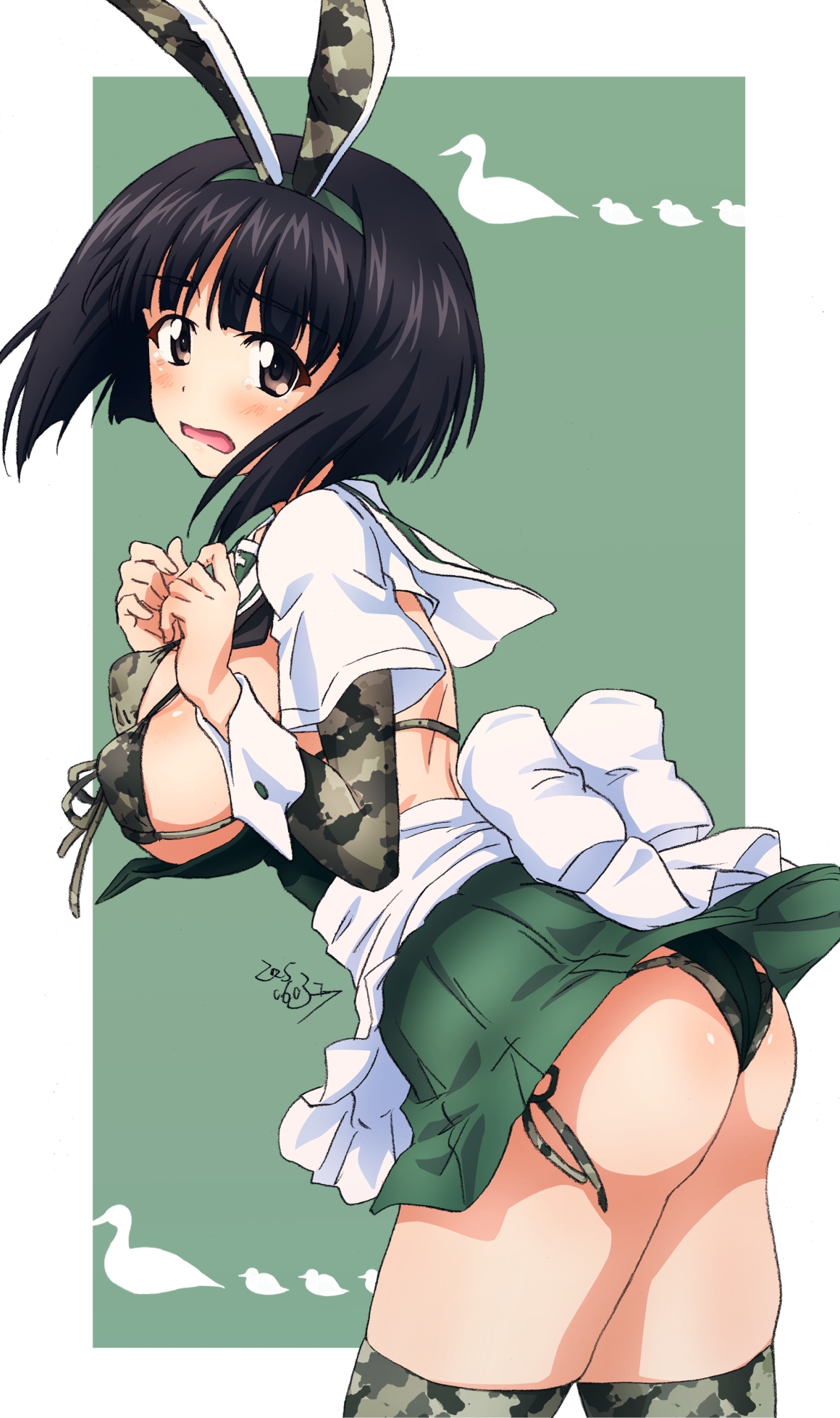 erakin, gotou moyoko, girls und panzer, highres, 1girl, animal ears, ass, bikini, black hair, blush, breasts, brown eyes, camouflage, camouflage bikini, camouflage thighhighs, embarrassed, fake animal ears, green leotard, large breasts, leotard, looking at viewer, microskirt, ooarai school uniform, open mouth, playboy bunny, pleated skirt, rabbit ears, school uniform, short hair, simple background, skirt, solo, swimsuit