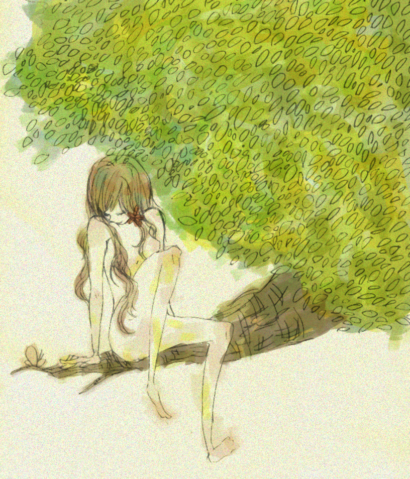 hungary (hetalia), axis powers hetalia, 00s, 1girl, artistic nudity, barefoot, branch, bug, butterfly, female focus, flower, in tree, insect, long hair, nude, sketch, smile, solo, tree
