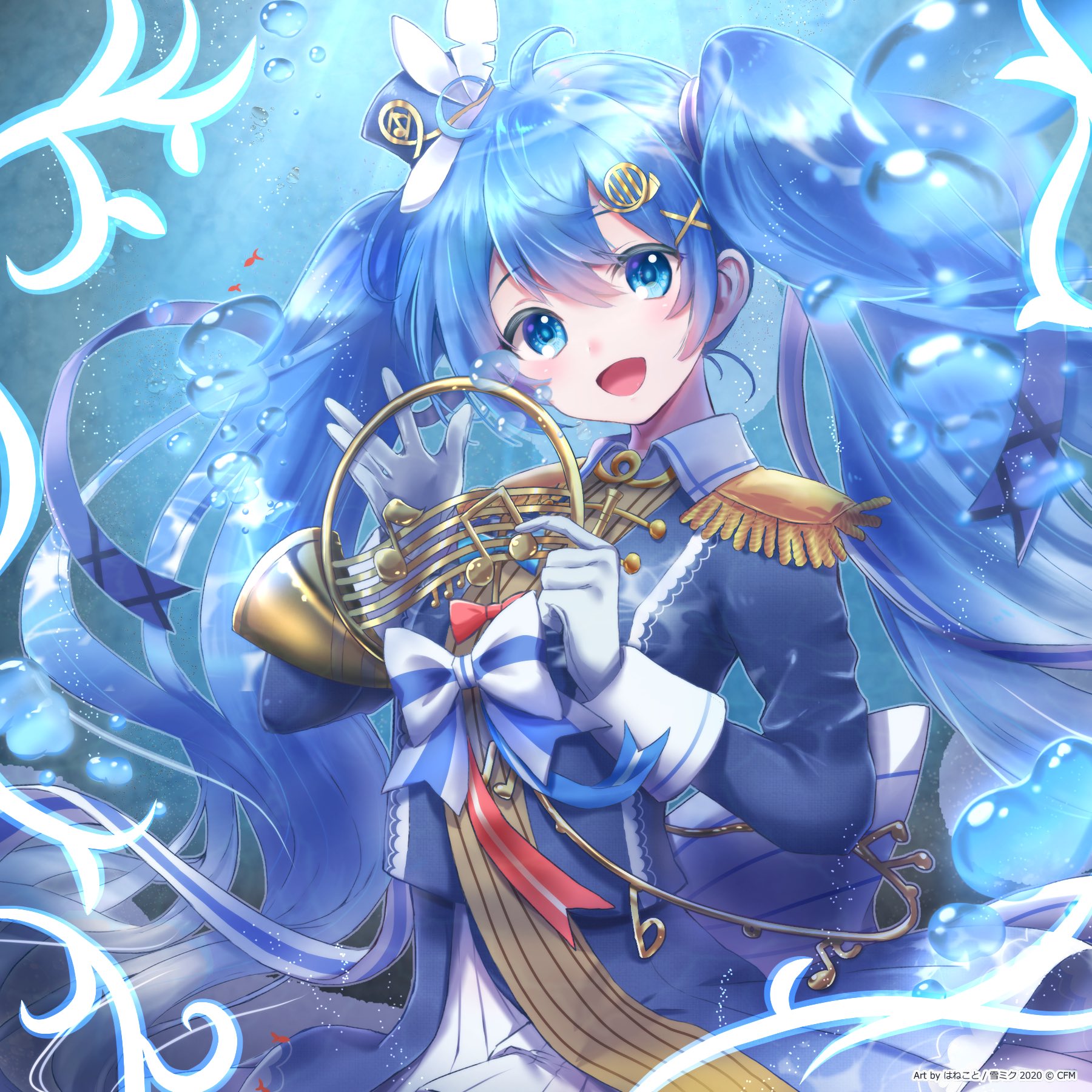 yumeu, hatsune miku, yuki miku, yuki miku (2020), vocaloid, commentary request, highres, 1girl, ahoge, beamed eighth notes, closed mouth, epaulettes, french horn, fringe trim, gloves, gradient hair, hair between eyes, hair ornament, hat, hat feather, horn (instrument), instrument, instrument hair ornament, light blush, long hair, looking at viewer, mini hat, mini shako cap, multicolored hair, musical note, musical note print, musical staff, musical staff print, nurimas, official alternate costume, official alternate hairstyle, open mouth, rabbit, shako cap, smile, solo, twintails, very long hair, white gloves, white hair