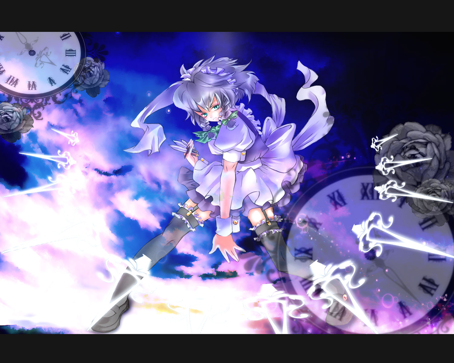 koshihikari, izayoi sakuya, touhou, silver hair, highres, 1girl, blue eyes, braid, female focus, flower, gradient background, hairband, knife, letterboxed, maid, plant, short hair, solo, thighhighs, twin braids