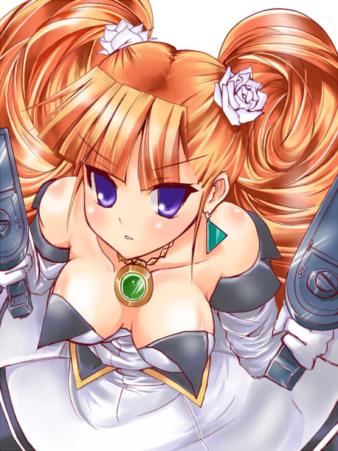 paopao, petra johanna lagerkvist, aq interactive, arcana heart, arcana heart 2, atlus, examu, bad id, bad pixiv id, 1girl, bare shoulders, blush, breasts, cleavage, downblouse, dress, drill hair, dual wielding, earrings, elbow gloves, female focus, flower, from above, gloves, gun, hair flower, hair ornament, holding, jewelry, necklace, no bra, orange hair, pendant, purple eyes, rose, solo, twin drills, twintails, weapon