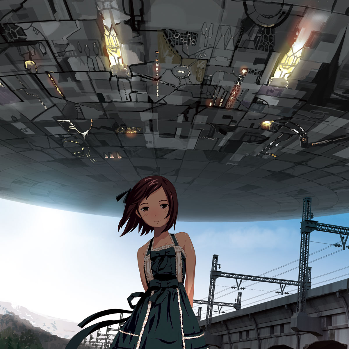 hamamura, highres, 1girl, arms behind back, brown eyes, brown hair, female focus, looking at viewer, mountain, power lines, solo, ufo