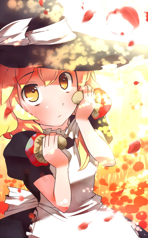 blue vert, kirisame marisa, touhou, 1girl, blonde hair, dress, female focus, gradient background, hat, mushroom, solo, white background, witch, witch hat, yellow eyes