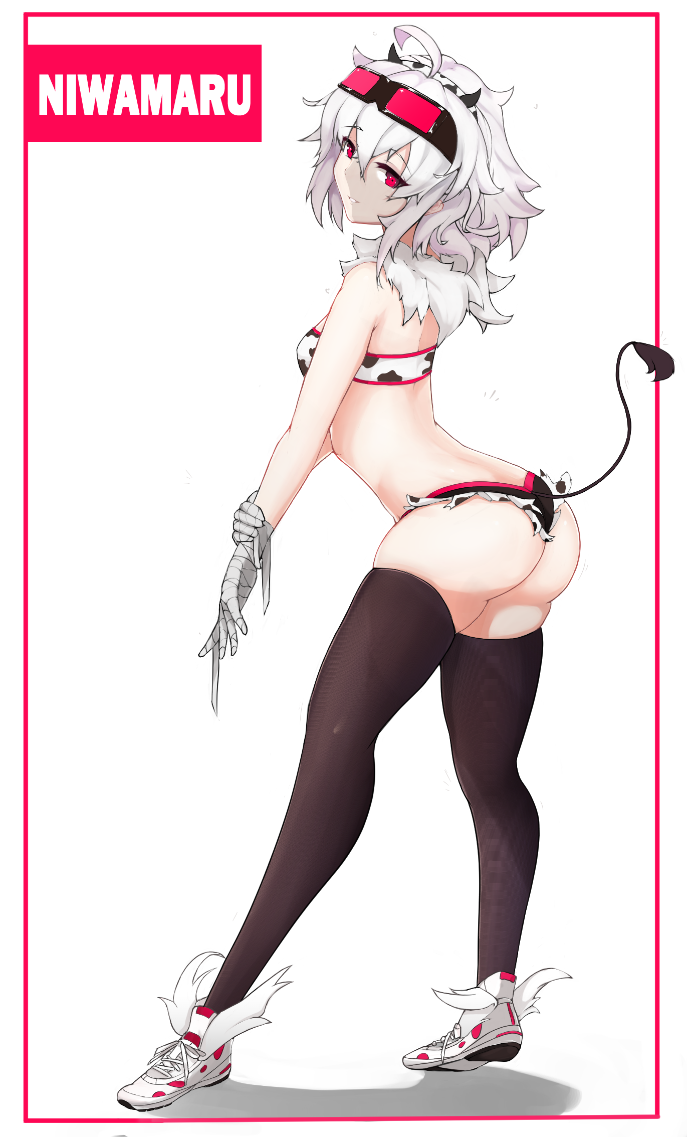 niwamaru (niwarhythm), original, highres, 1girl, ass, borrowed character, character name, english text, full body, micro shorts, red eyes, shorts, solo, thighhighs, white hair