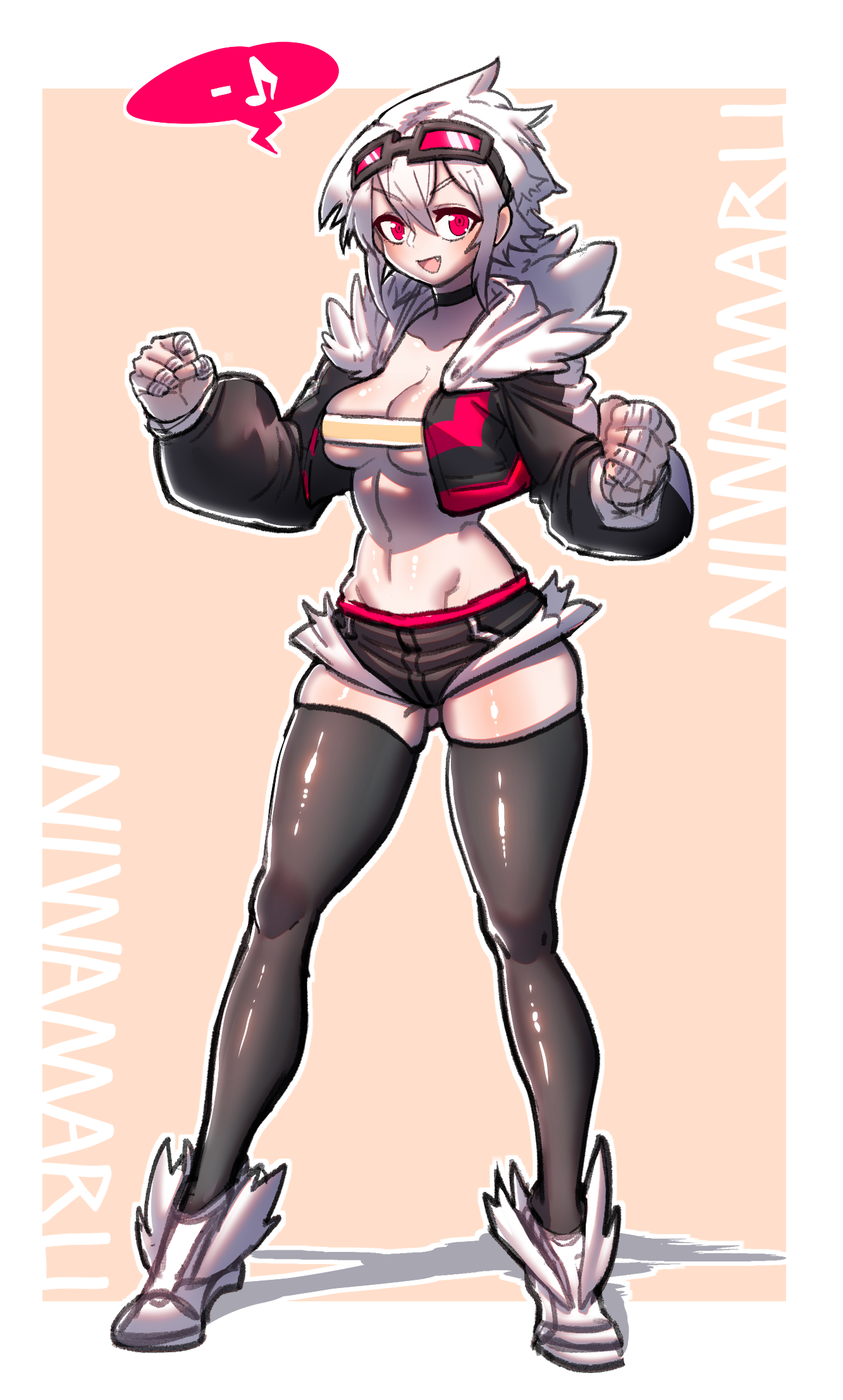 niwamaru (niwarhythm), original, highres, 1girl, borrowed character, full body, red eyes, shorts, solo, speech bubble, thighhighs, white hair