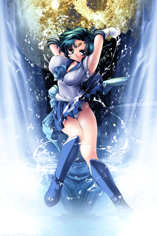mizuno ami, sailor mercury, bishoujo senshi sailor moon, 1990s (style), bouncing breasts, breasts, impossible clothes, impossible shirt, moon, panties, pantyshot, poorly drawn, shirt, underwear, water