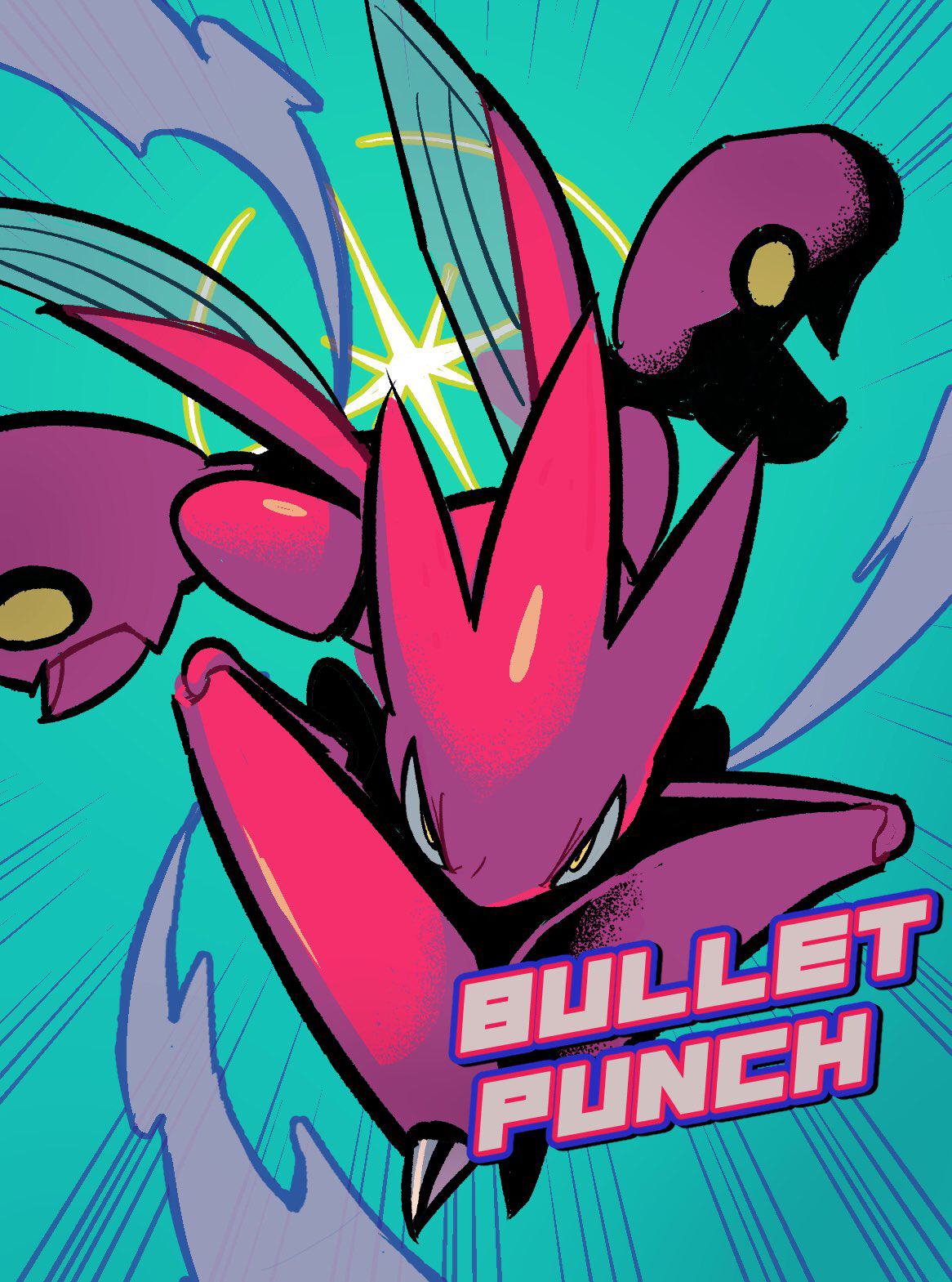 scizor, nintendo, pokemon, commentary request, highres, bullet punch (pokemon), english text, full body, gen 2 pokemon, hiuhhhhhh, insect wings, motion lines, pokemon (creature), pokemon focus, pokemon move, solo, speed lines, v-shaped eyes, wings