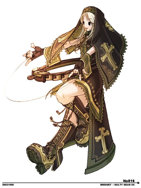 falcoon, bridget (guilty gear), arc system works, guilty gear, guilty gear xx, habit, 1boy, :p, alternate costume, boots, cross, fingerless gloves, from side, full body, gloves, lace-up boots, male focus, naughty face, nun, outstretched arms, solo, tongue, tongue out, trap, yo-yo