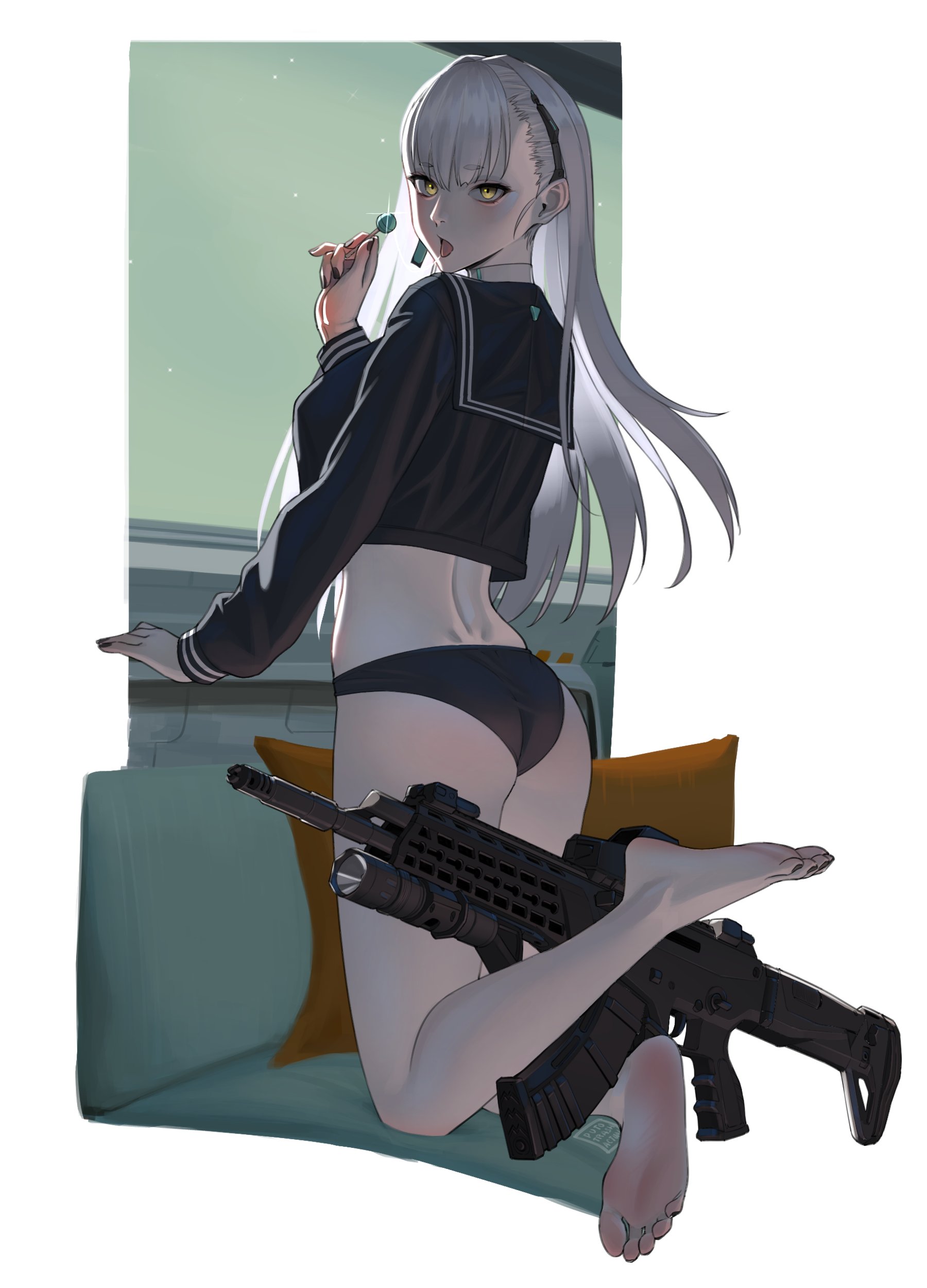 puto trash, ak-alfa (girls' frontline), tololo (girls' frontline 2), girls' frontline, girls' frontline 2: exilium, absurdres, commentary, highres, 1girl, ak-alfa, ass, assault rifle, barefoot, black nails, black panties, black sailor collar, black shirt, candy, feet, food, full body, gun, headpiece, holding, holding candy, holding food, holding lollipop, indoors, kneeling, lollipop, long hair, looking at viewer, nail polish, official alternate costume, open mouth, panties, rifle, sailor collar, shirt, solo, toenail polish, toenails, toes, tololo (horizon cruise) (girls' frontline 2), tongue, underwear, weapon, white background, white hair, yellow eyes