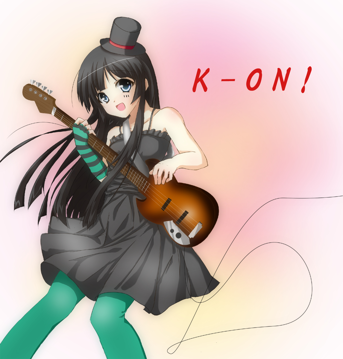mizuoto, akiyama mio, don't say "lazy", k-on!, bad id, bad pixiv id, highres, 00s, 1girl, bass guitar, black eyes, black hair, blue pantyhose, dress, facepaint, female focus, green pantyhose, guitar, hat, instrument, long hair, mini hat, mini top hat, pantyhose, solo, top hat