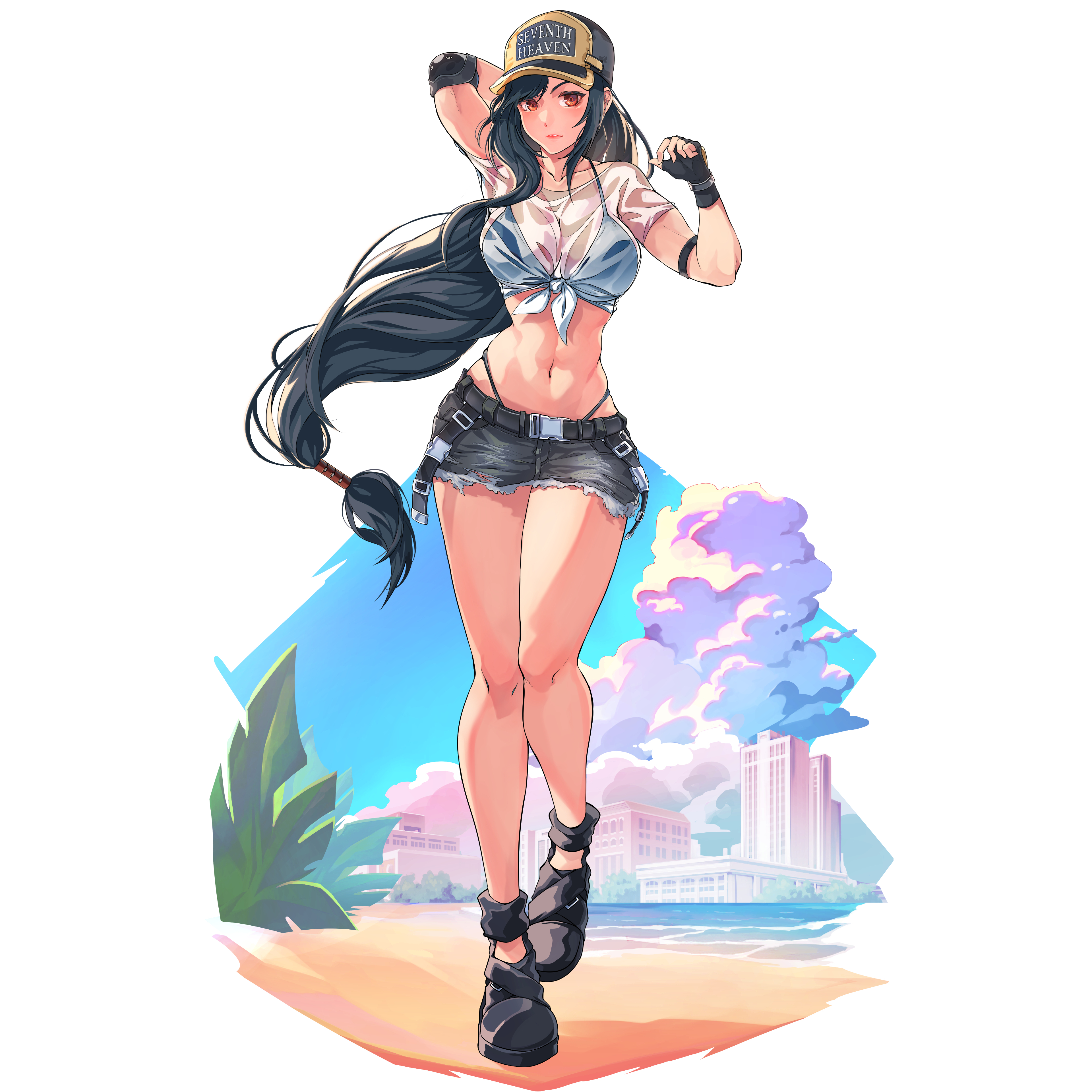 claarin, tifa lockhart, tifa lockhart (lifeguard), final fantasy, final fantasy vii, final fantasy vii ever crisis, absurdres, commentary, english commentary, highres, 1girl, arm behind head, arm up, bare legs, baseball cap, beach, bikini, bikini under clothes, black bikini, black gloves, black hair, blue sky, breasts, building, cloud, cloudy sky, fingerless gloves, frayed skirt, full body, gloves, grey skirt, hat, highleg, highleg bikini, knees, large breasts, legs, lifeguard, long hair, looking at viewer, low-tied long hair, midriff, miniskirt, navel, official alternate costume, outdoors, parted lips, red eyes, sand, see-through clothes, see-through shirt, shirt, skirt, sky, solo, swimsuit, thighs, tied shirt, walking, wet, wet clothes, wet shirt, white background, white shirt
