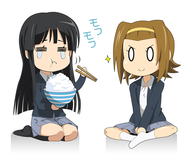 taguchi kenji (omaep), akiyama mio, tainaka ritsu, k-on!, striped, bad id, bad pixiv id, 00s, 0 0, 2girls, :>, :<, :t, = =, black hair, bowl, brown hair, chopsticks, eating, foodgasm, hairband, kneeling, long hair, multiple girls, o o, rice, rice bowl, school uniform, short hair, sitting, socks, tears, tomboy