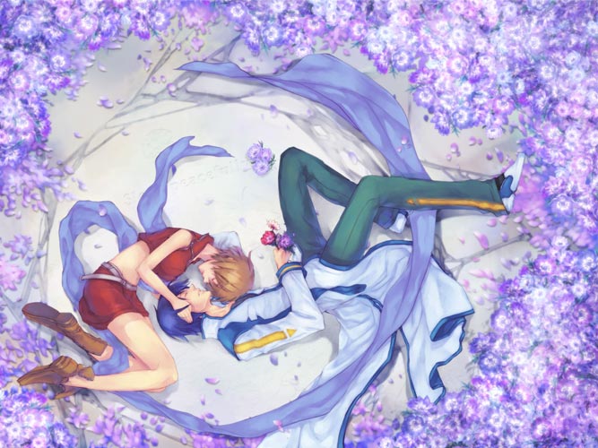 smi, smi (enraku), kaito (vocaloid), meiko (vocaloid), vocaloid, bad id, bad pixiv id, 1boy, 1girl, blue hair, blue scarf, boots, brown hair, closed eyes, flower, lying, on side, scarf