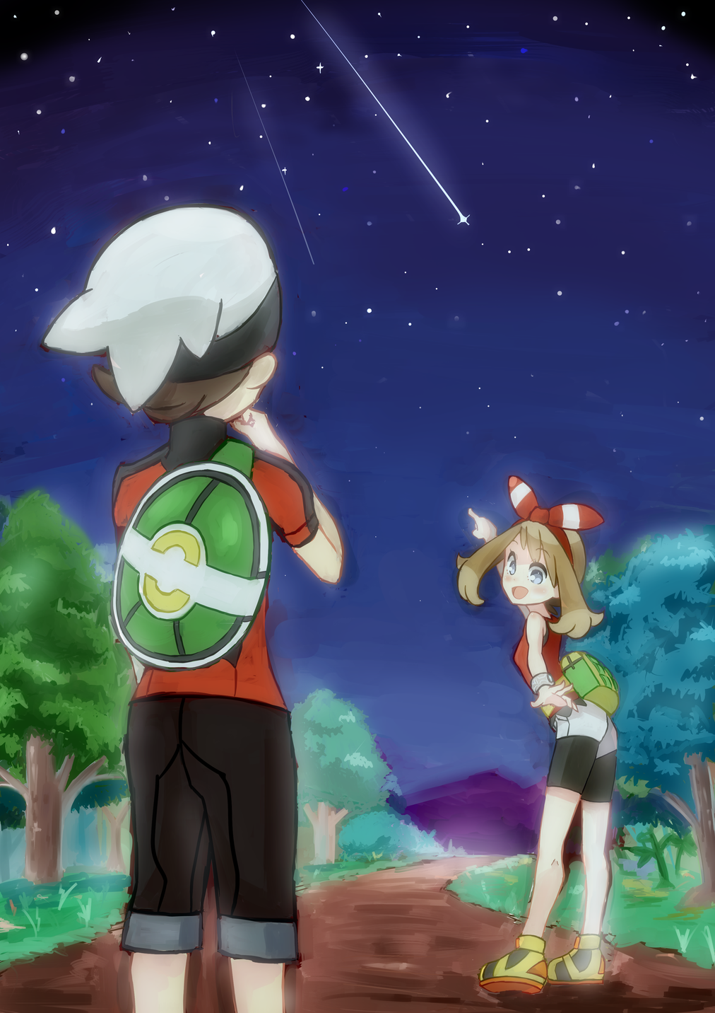 kisama (0213), brendan (pokemon), may (pokemon), nintendo, pokemon, pokemon oras, commentary request, highres, 1boy, 1girl, backpack, bag, bike shorts, bike shorts under shorts, black pants, black shorts, blue eyes, blush, brown hair, eyelashes, fanny pack, from behind, grass, green bag, hairband, hat, medium hair, night, night sky, open mouth, outdoors, pants, path, pointing, pointing up, red hairband, red shirt, road, shirt, shoes, shooting star, short hair, shorts, sky, smile, standing, star (sky), starry sky, tree, white hat, white shorts, yellow shoes