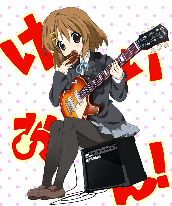 paco, hirasawa yui, k-on!, 00s, 1girl, amplifier, black pantyhose, blazer, brown hair, cable, donut, eating, electric guitar, female focus, food, gibson les paul, guitar, hair ornament, hairclip, instrument, jacket, long sleeves, open mouth, pantyhose, pleated skirt, school uniform, shoes, sitting, skirt, solo