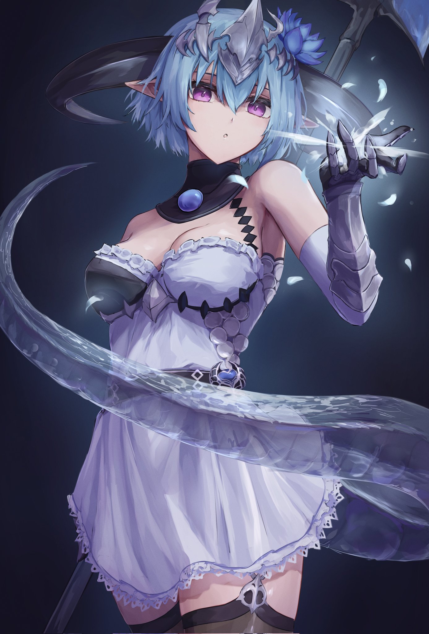 ito t20a, filene (shadowverse), shadowverse, shadowverse: worlds beyond, highres, 1girl, aqua hair, black gloves, black thighhighs, blue flower, breasts, dragon girl, dragon horns, dragon tail, dress, elbow gloves, flower, gloves, hair between eyes, hair flower, hair ornament, headpiece, horns, medium breasts, open mouth, pointy ears, purple eyes, short hair, solo, strapless, strapless dress, tail, thighhighs, white dress, white gloves