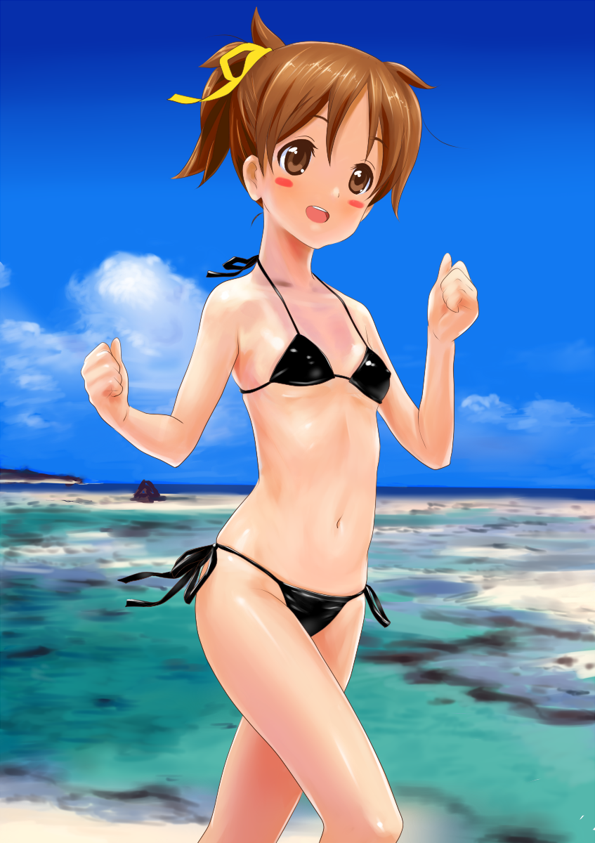 koomo (pixiv148008), koumo, hirasawa ui, k-on!, highres, 00s, 1girl, beach, bikini, black bikini, blush stickers, brown eyes, brown hair, clenched hands, covered erect nipples, day, female focus, flat chest, forearms at chest, outdoors, ponytail, running, short hair, solo, swimsuit