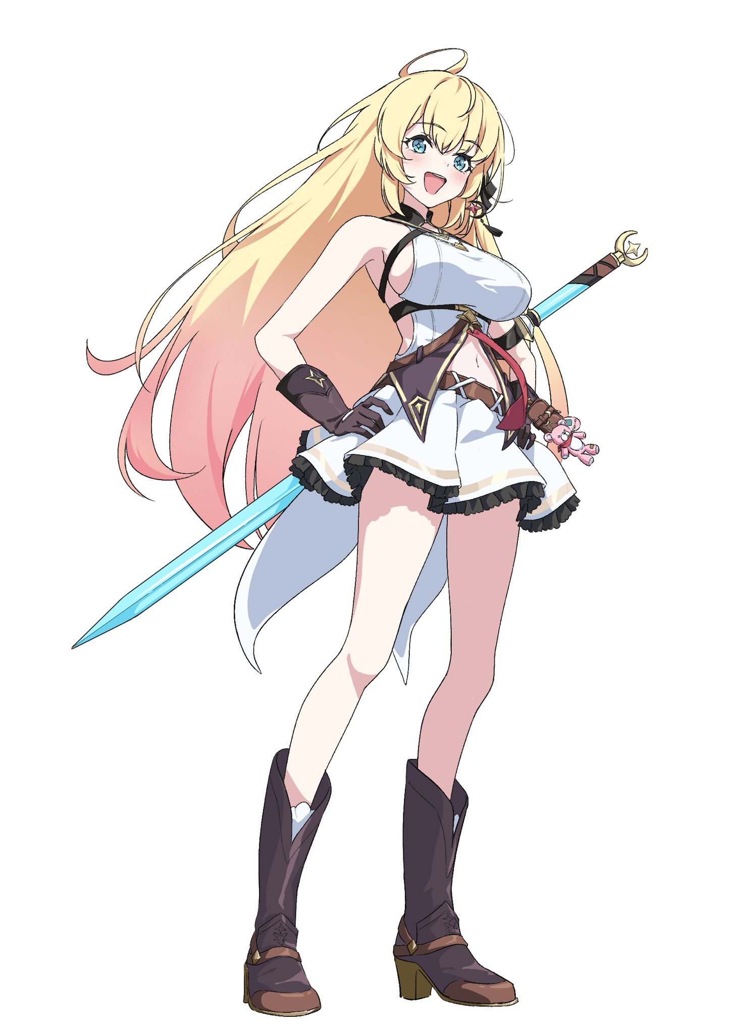 cu cu cu, noya (stella sora), stella sora, commentary, highres, 1girl, ahoge, animal charm, bear charm, black ribbon, blonde hair, blue eyes, boots, breasts, brown boots, brown gloves, charm (object), earrings, full body, gloves, gradient hair, hair ribbon, jewelry, large breasts, long hair, looking at viewer, multicolored hair, navel, open mouth, orange hair, pleated skirt, ribbon, sideboob, simple background, single earring, skirt, smile, solo, standing, star-shaped pupils, star (symbol), stomach, sword, sword on back, symbol-shaped pupils, teeth, upper teeth only, very long hair, virtual pet (toy), weapon, weapon on back, white background, white skirt