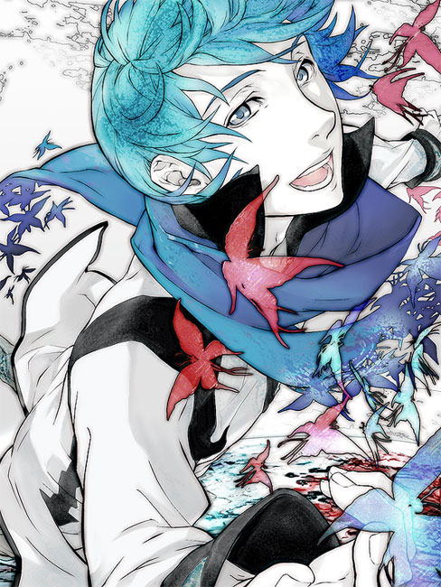 kaburaya, kaito (vocaloid), byakkoya no musume, paprika, vocaloid, bad id, bad pixiv id, 1boy, blue eyes, blue hair, blue scarf, bug, butterfly, coat, crossover, male focus, matching hair/eyes, open mouth, parody, scarf, solo, wind