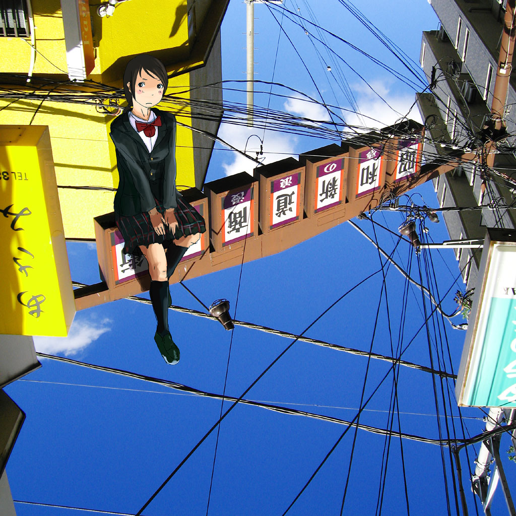 hamamura, 1girl, day, female focus, frown, photo background, plaid clothes, plaid skirt, pleated skirt, power lines, school uniform, short hair, sign, sitting, skirt, sky, solo, upside-down, utility pole
