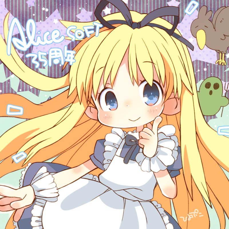 hiyopuko, alice (alicesoft), hanny, alice soft, commentary request, 1girl, anniversary, apron, artist name, bird, black ribbon, blonde hair, blue dress, blue eyes, closed mouth, company name, cowboy shot, crow, deformed, dress, finger to cheek, frilled apron, frilled cuffs, frills, hair ribbon, holding, holding polearm, holding weapon, index finger raised, long hair, neck ribbon, polearm, puffy short sleeves, puffy sleeves, ribbon, short sleeves, smile, trident, very long hair, weapon, white apron, wrist cuffs, yukichi (alicesoft)