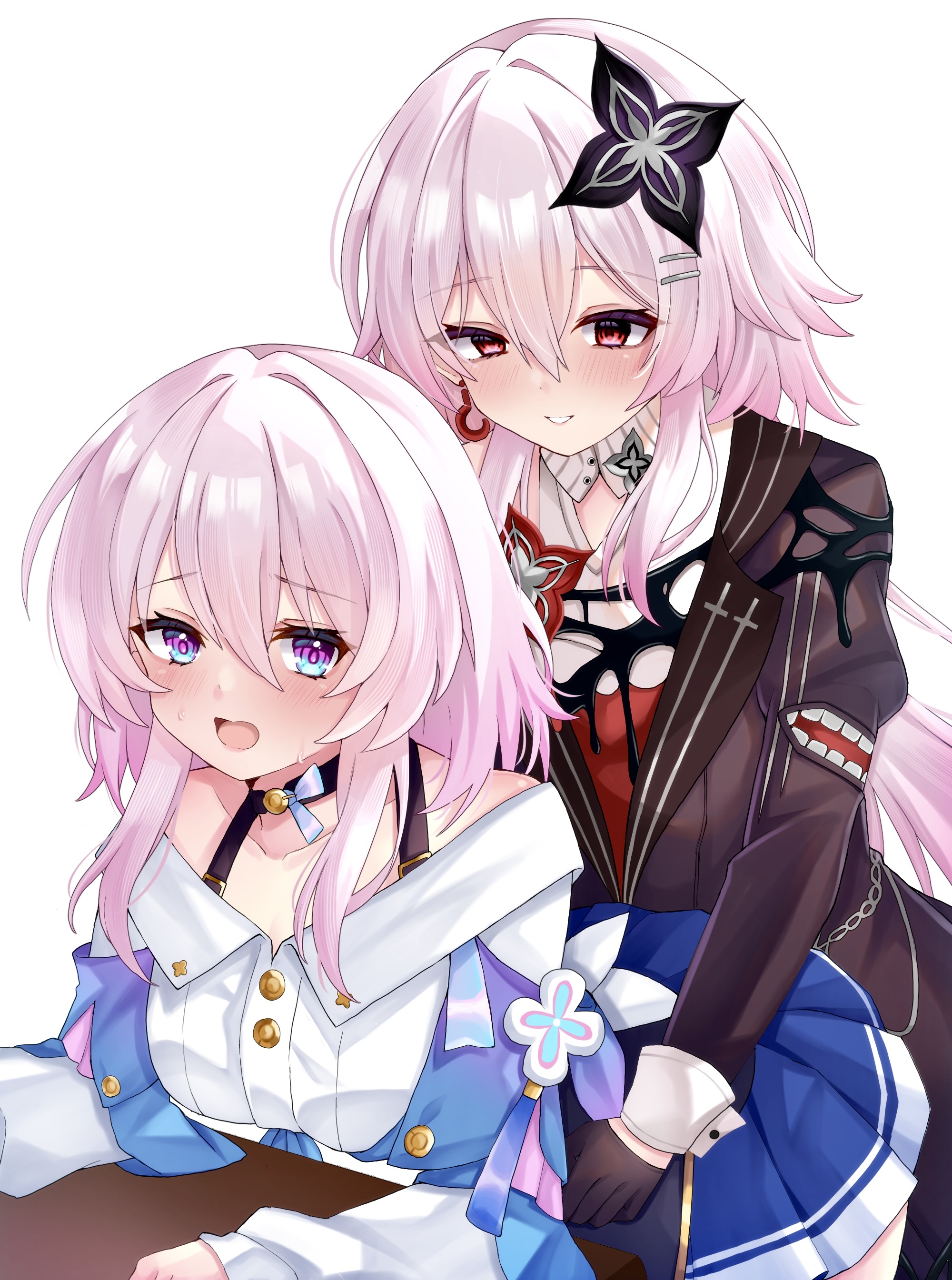 evernight (honkai: star rail), march 7th (honkai: star rail), march 7th (preservation) (honkai: star rail), honkai: star rail, honkai (series), absurdres, commentary request, highres, variant set, 2girls, black choker, black dress, black flower, black gloves, blue eyes, blue jacket, blue skirt, blush, bra strap, breasts, buttons, choker, collarbone, dress, dual persona, earrings, flower, flower ornament, gloves, gradient clothes, gradient jacket, hair flower, hair ornament, jacket, jewelry, long sleeves, medium breasts, medium hair, mimiya, miniskirt, multicolored eyes, multiple girls, off-shoulder jacket, off shoulder, official alternate costume, official alternate design, official alternate eye color, official alternate hair length, official alternate hairstyle, open mouth, pink eyes, pink hair, pink jacket, pink pupils, pleated skirt, red eyes, selfcest, shirt, simple background, single earring, skirt, sweatdrop, tied jacket, two-tone eyes, white background, white shirt, yuri