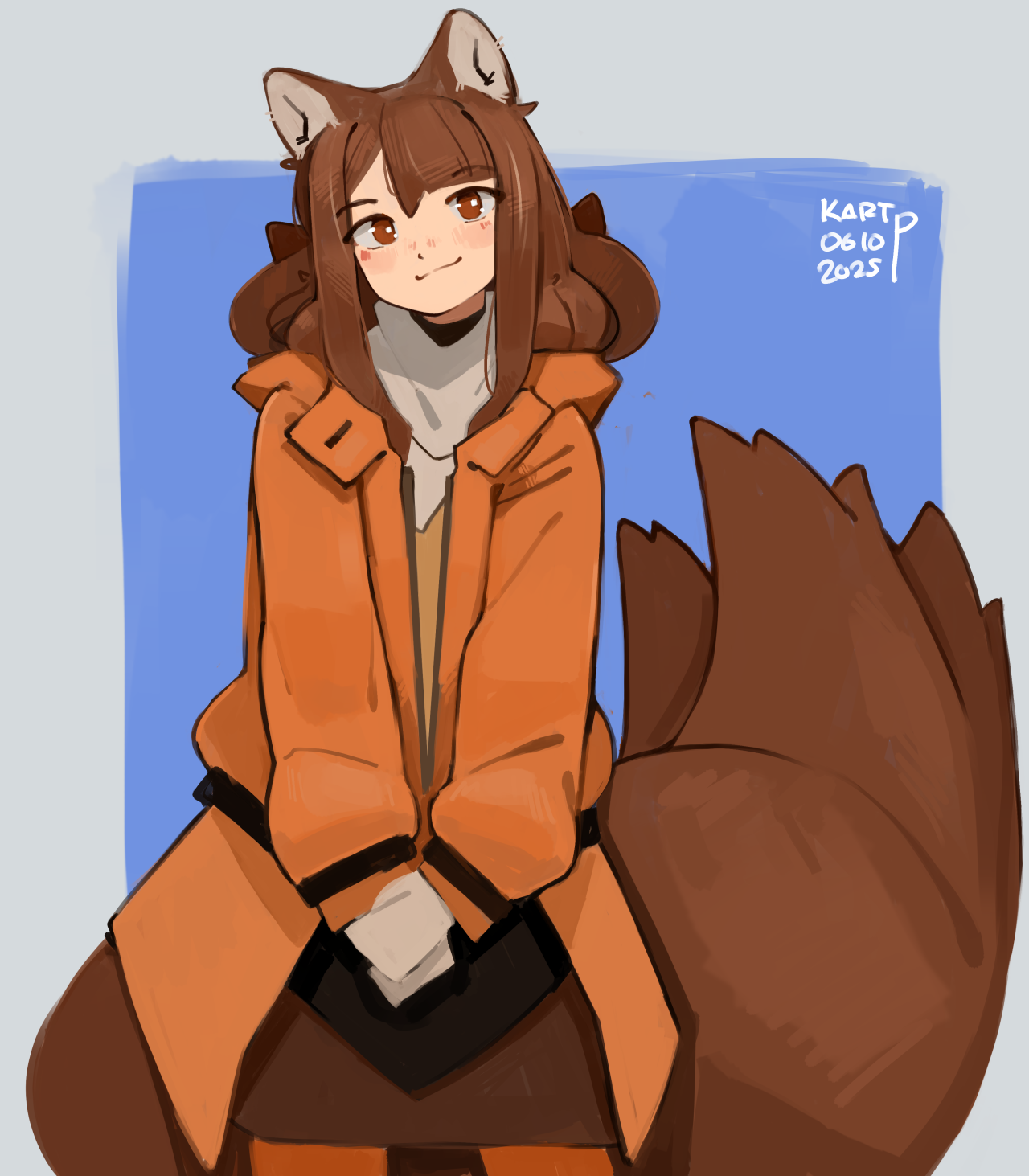 kart prowler, original, commentary, english commentary, highres, 1girl, :3, animal ears, artist name, blush, brown eyes, brown hair, closed mouth, cowboy shot, dated, fox ears, fox girl, fox tail, jacket, kit (kart prowler), long hair, long sleeves, orange jacket, own hands together, skirt, smile, solo, tail