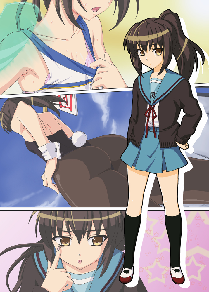 okiyumi kase, kyonko, suzumiya haruhi no yuuutsu, 00s, 1girl, animal ears, ass, bra, brown eyes, brown hair, cardigan, cheerleader, fake animal ears, flat chest, from below, genderswap, genderswap (mtf), kneehighs, lingerie, long hair, multiple views, pantyhose, playboy bunny, ponytail, rabbit ears, school uniform, serafuku, shoes, socks, split screen, sweat, tongue, underwear, uwabaki