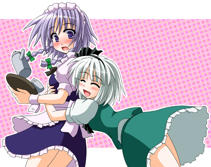 nagana sayui, izayoi sakuya, konpaku youmu, touhou, light purple hair, silver hair, 2girls, blush, braid, closed eyes, cup, fang, female focus, glomp, happy, hug, looking back, maid, multiple girls, polka dot, polka dot background, purple eyes, ribbon, surprised, teacup, tray, twin braids