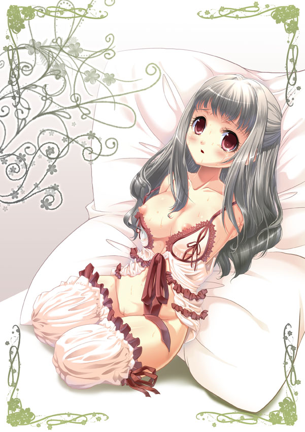shuuko, silver hair, 1girl, amputee, babydoll, blush, breasts, female focus, frills, long hair, nipple slip, nipples, no panties, pillow, pussy, quadruple amputee, red eyes, solo, sweat, thighhighs, uncensored