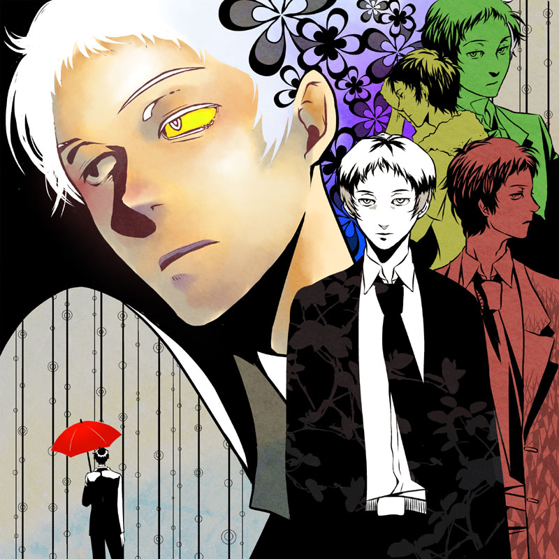 yoshii kyoko, adachi tooru, atlus, persona, persona 4, 1boy, arm at side, belt, black eyes, closed mouth, collared shirt, colored sclera, cowboy shot, expressionless, flower, from behind, heterochromia, holding, holding umbrella, jacket, long sleeves, looking at viewer, male focus, mismatched sclera, multiple views, necktie, open clothes, open jacket, profile, red umbrella, shirt, standing, umbrella, white eyes, white hair, wing collar, yellow eyes, yellow sclera