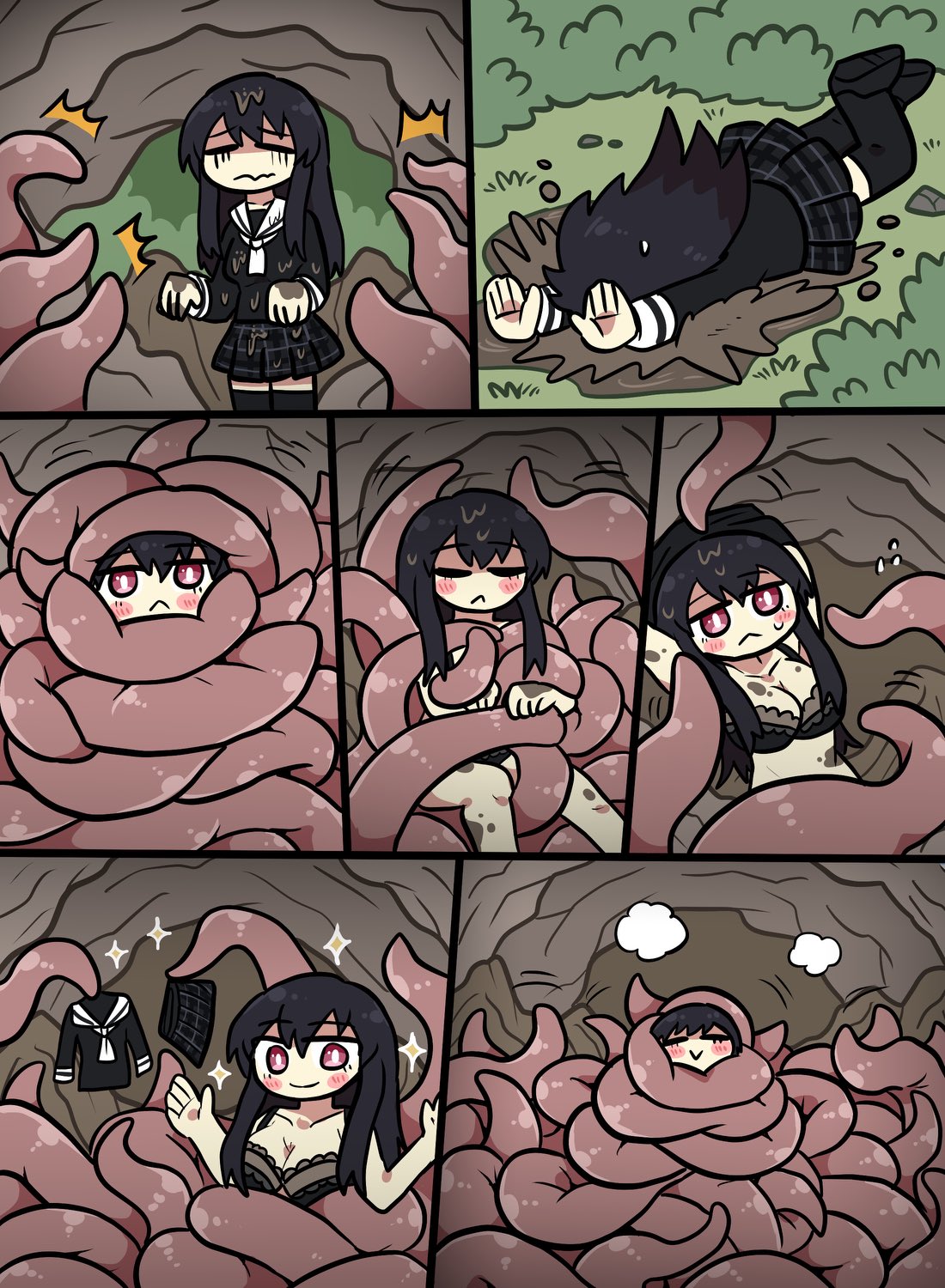 osya ki, original, highres, 1girl, black bra, black hair, bra, cave, comic, consensual tentacles, school uniform, serafuku, tentacles, underwear