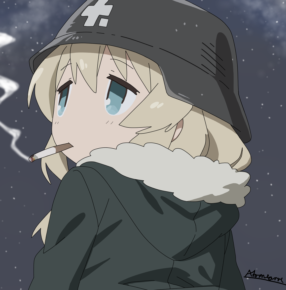 atomlarve, yuuri (shoujo shuumatsu ryokou), shoujo shuumatsu ryokou, 1girl, artist name, blonde hair, blue eyes, cigarette, coat, female focus, fur-trimmed coat, fur trim, green coat, helmet, hood, hood down, hooded coat, looking to the side, smoking, solo