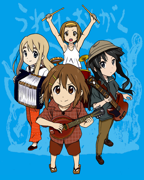 mochi-iri kinchaku, akiyama mio, hirasawa yui, kotobuki tsumugi, tainaka ritsu, k-on!, 00s, 4girls, accordion, black eyes, black hair, blonde hair, blue eyes, brown eyes, brown hair, cagayake! girls pose, drum, drum set, flip-flops, geta, guitar, hairband, hat, helmet, ho-kago tea time, instrument, long hair, looking up, mandolin, multiple girls, pith helmet, sandals, short hair, tambourine, tomboy