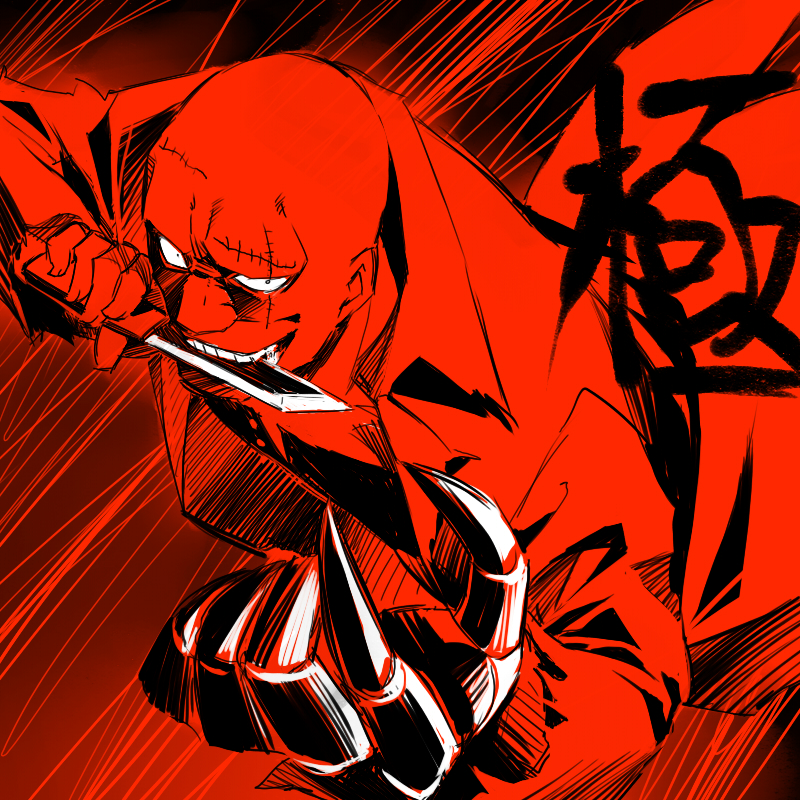 sakamoto akira, 1boy, claws, knife, knife in teeth, male focus, mouth hold, red theme, scar, solo