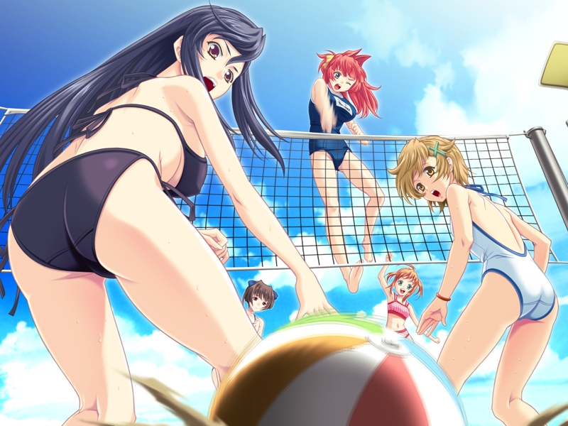 dodai shouji, ayase ibuki, kousaka chitose, nonohara yuki, shindou sakura, yoshizumi kotoko, chanter ~kimi no uta wa todoi tara~, bad id, bad link, non-web source, 5girls, ass, ball, barefoot, beach volleyball, beachball, bikini, black bikini, black hair, blonde hair, blue one-piece swimsuit, blue school swimsuit, blue sky, brown eyes, brown hair, casual one-piece swimsuit, day, feet, from below, green eyes, hair ornament, hair ribbon, jumping, legs, long hair, motion blur, multiple girls, name tag, old school swimsuit, one-piece swimsuit, open mouth, outdoors, pink bikini, playing sports, ponytail, red hair, ribbon, school swimsuit, short hair, side-tie bikini bottom, sky, soles, sports bikini, swimsuit, volleyball, volleyball net, white one-piece swimsuit, x hair ornament, yellow ribbon