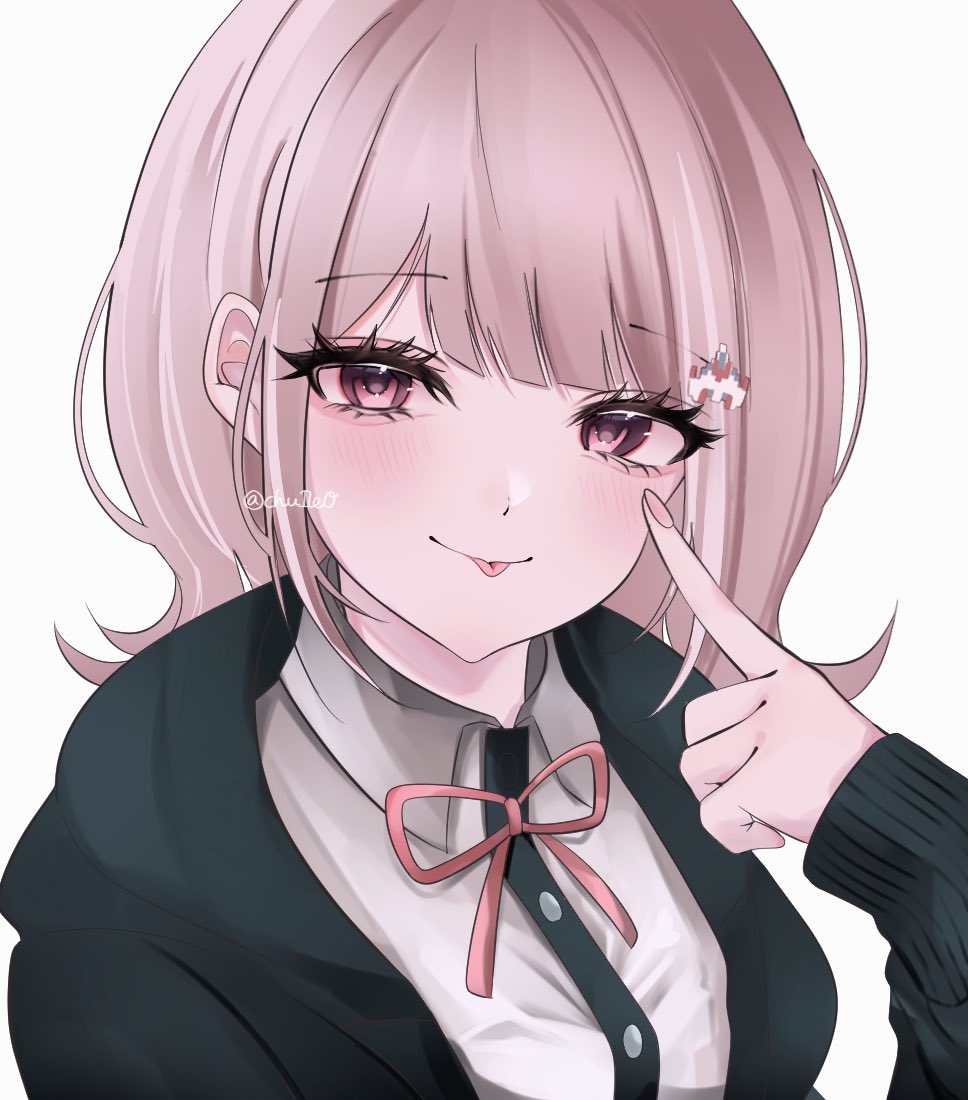 churu (chu1e0), nanami chiaki, danganronpa (series), danganronpa 2: goodbye despair, 1girl, :p, blush, breasts, brown hair, collared shirt, flipped hair, hair ornament, index finger raised, jacket, long sleeves, looking at viewer, medium hair, neck ribbon, open clothes, open jacket, pink eyes, pink ribbon, pleated skirt, ribbon, shirt, skirt, solo, tongue, tongue out, white shirt