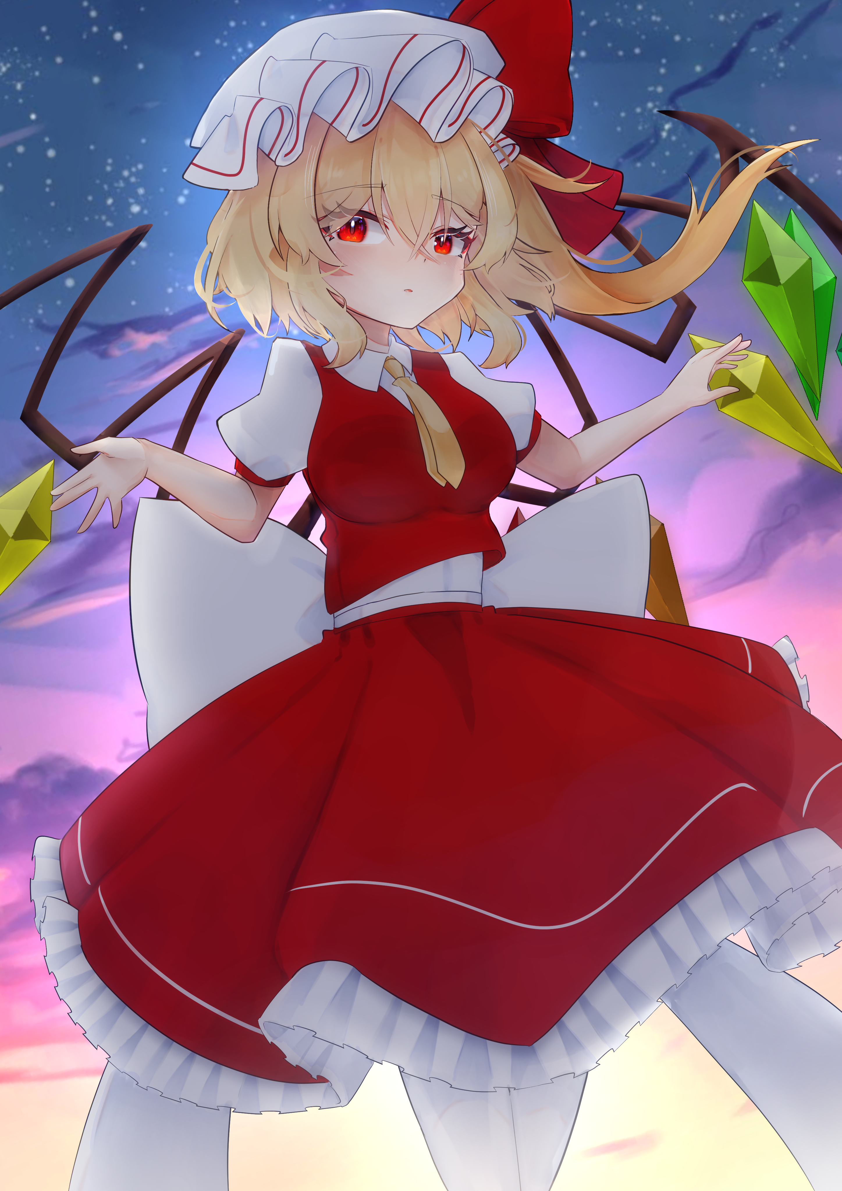 user jwtz7387, flandre scarlet, embodiment of scarlet devil, touhou, absurdres, highres, 1girl, alternate breast size (larger), ascot, blonde hair, cowboy shot, crystal, crystal wings, hair between eyes, hat, hat ribbon, looking at viewer, mob cap, night, puffy short sleeves, puffy sleeves, red eyes, red skirt, red vest, ribbon, shirt, short hair, short sleeves, side ponytail, skirt, skirt set, sky, solo, standing, star (sky), starry sky, vest, wings, yellow ascot