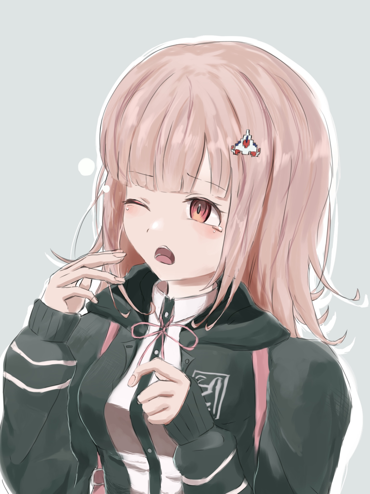 nanami chiaki, danganronpa (series), danganronpa 2: goodbye despair, highres, 1girl, ;o, blunt bangs, blush, breasts, brown hair, collared shirt, flipped hair, grey background, hair ornament, hood, hood down, jacket, large breasts, long sleeves, medium hair, neck ribbon, one eye closed, open clothes, open jacket, outline, pink eyes, pink ribbon, pun jiso, ribbon, shirt, solo, white outline, white shirt