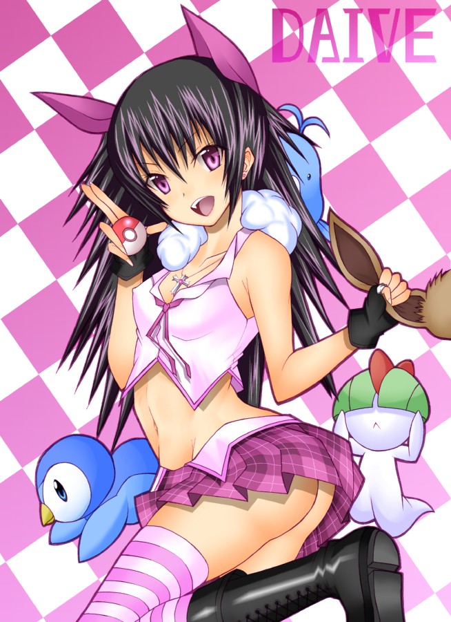 daive, eevee, piplup, ralts, swablu, nintendo, original, pokemon, 1girl, ass, black hair, boots, cross, gen 1 pokemon, gen 3 pokemon, gen 4 pokemon, microskirt, midriff, miniskirt, no panties, pink eyes, poke ball, pokemon (creature), skirt, smile, upskirt