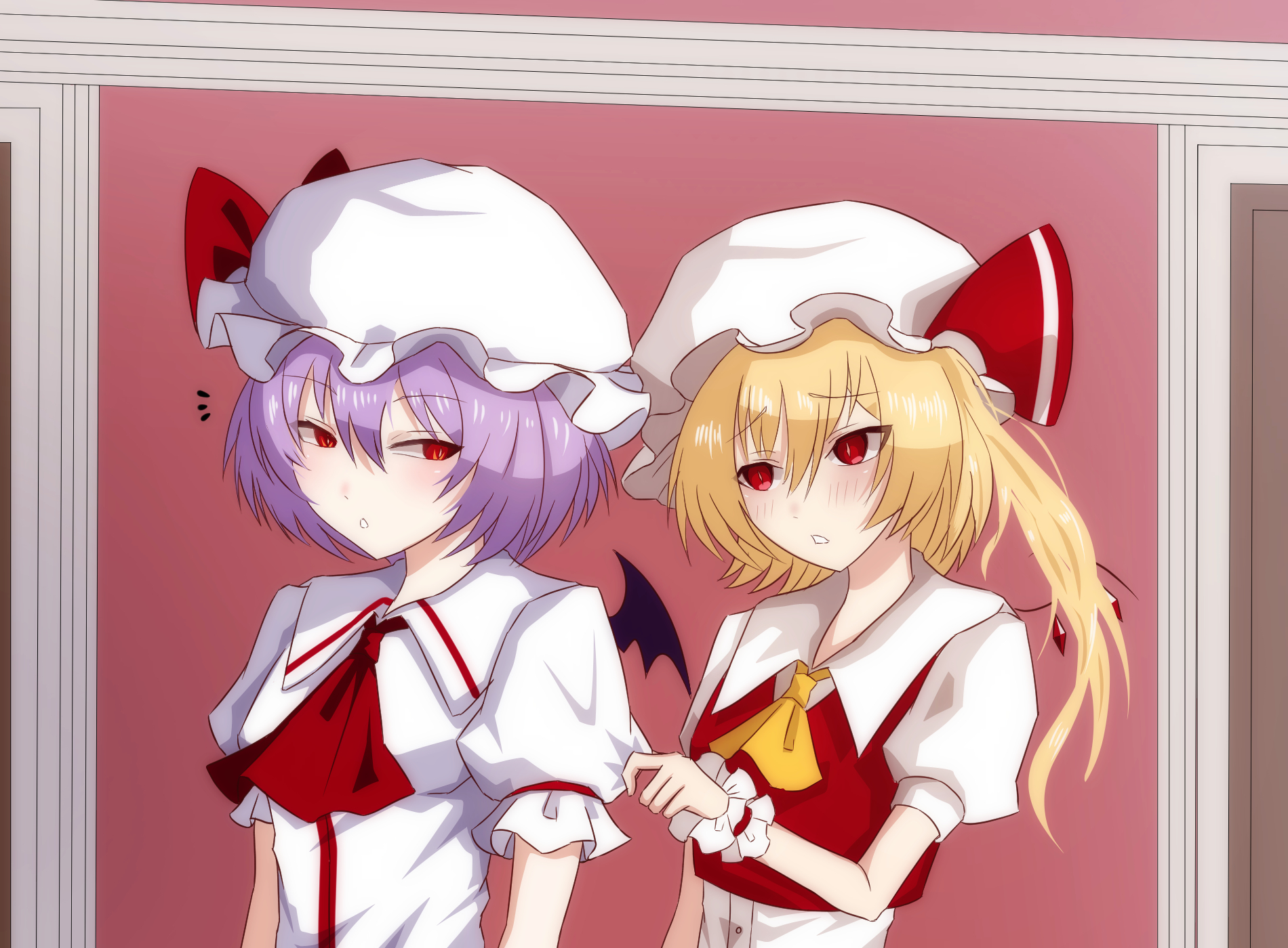 merihari07, flandre scarlet, remilia scarlet, touhou, highres, 2girls, ascot, bat wings, blonde hair, crystal wings, hat, hat ribbon, looking at another, mob cap, multiple girls, open mouth, puffy short sleeves, puffy sleeves, purple hair, red eyes, ribbon, shirt, short hair, short sleeves, siblings, side ponytail, sisters, upper body, vest, wings, yellow ascot