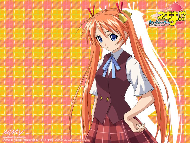 kagurazaka asuna, mahou sensei negima!, non-web source, 00s, 1girl, bell, blue eyes, female focus, hair bell, hair ornament, hand on own hip, hip focus, long hair, orange hair, plaid clothes, plaid skirt, school uniform, skirt, solo, twintails