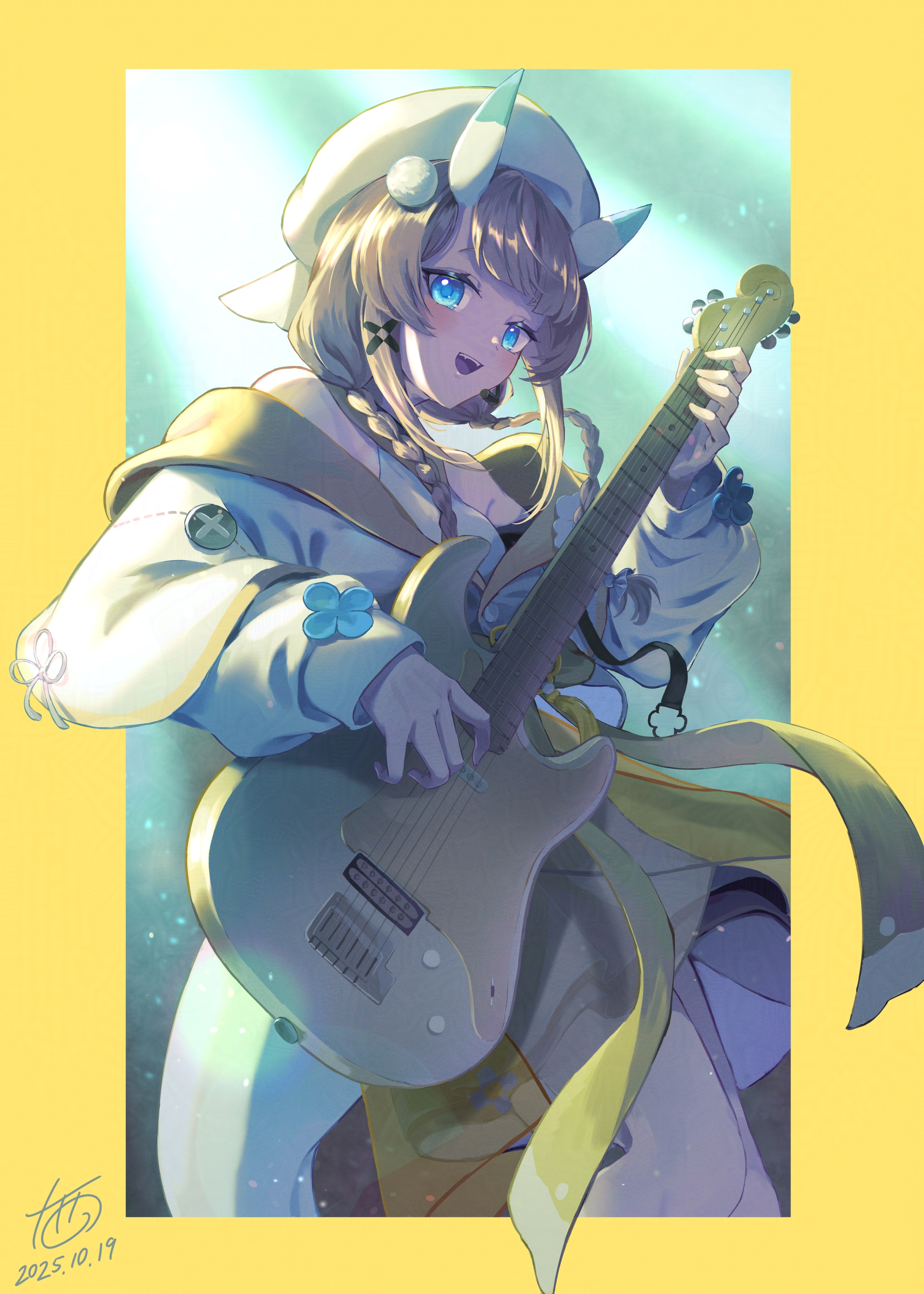 juunishi aya, kadou mikaru, nijisanji, absurdres, highres, 1girl, :d, backlighting, bare shoulders, black skirt, blonde hair, blue eyes, blue horns, blush, border, braid, coat, coat partially removed, cowboy shot, dated, fangs, flower knot, guitar, hair ornament, hair over shoulder, hakama, hakama skirt, hat, headset, horns, instrument, japanese clothes, kimono, layered sleeves, long sleeves, looking at viewer, low twin braids, miniskirt, multicolored horns, music, open mouth, outside border, playing guitar, playing instrument, pom pom (clothes), pom pom hair ornament, puffy long sleeves, puffy sleeves, ribbon, screw, see-through clothes, short over long sleeves, short sleeves, sidelocks, signature, skirt, smile, solo, standing, twin braids, two-tone horns, virtual youtuber, white coat, white hat, white horns, white kimono, white tail, x hair ornament, yellow border, yellow ribbon, yellow trim