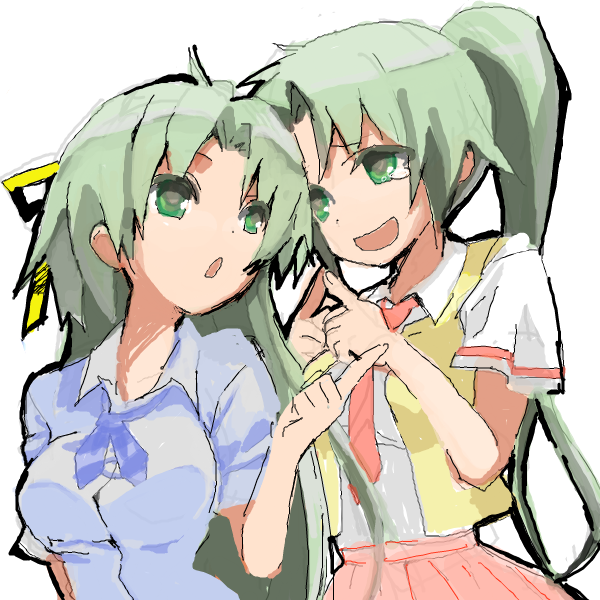 gm, sonozaki mion, sonozaki shion, higurashi no naku koro ni, bad id, bad pixiv id, 00s, 2girls, green eyes, green hair, long hair, multiple girls, ponytail, siblings, sisters, sketch, tears, twins
