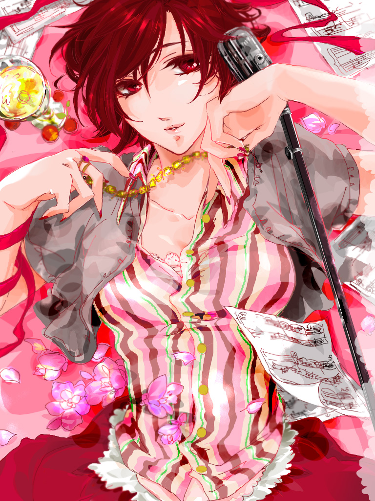caracoro, meiko (vocaloid), vocaloid, bad id, bad pixiv id, 1girl, breasts, brown hair, casual, female focus, flower, glass, lying, microphone, microphone stand, on back, ribbon, sheet music, short hair, solo