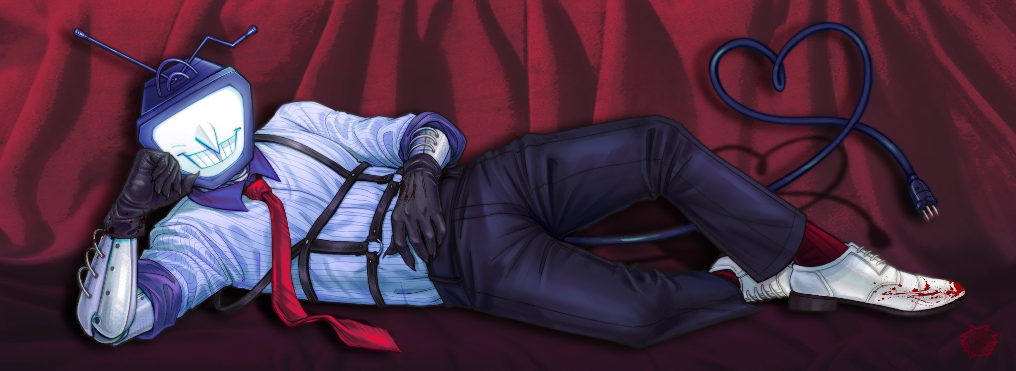 ant tenna, deltarune, utdr (toby fox), commentary, english commentary, highres, 1boy, black gloves, black pants, blood, blood on arm, blood on hands, blood on shoes, chest strap, chien vebay, claws, clothed robot, collared shirt, crt, defernull, electric plug, electric plug tail, full body, gloves, heart, heart tail, humanoid robot, lying, male focus, necktie, object head, on side, pants, pinstripe pattern, pinstripe shirt, pointy nose, red necktie, red socks, robot, shirt, shirt tucked in, sleeves rolled up, smile, socks, solo, tail, teeth