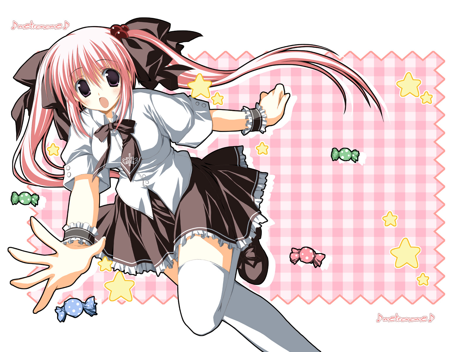 korie riko, highres, candy, food, open mouth, pink hair, solo, star (symbol), thighhighs, twintails