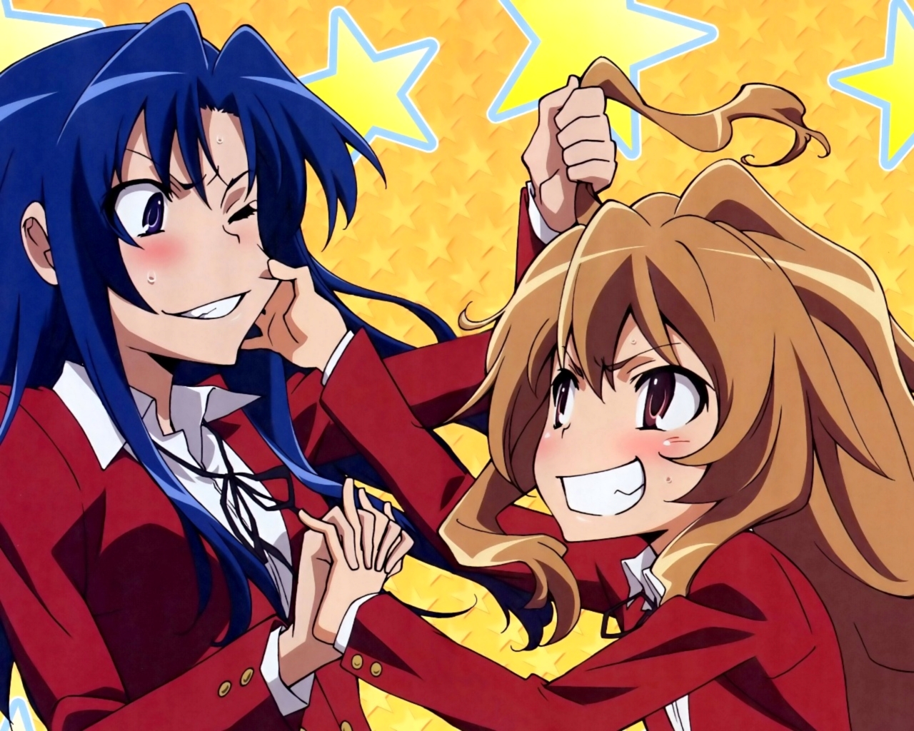 aisaka taiga, kawashima ami, toradora!, non-web source, official art, 00s, 2girls, blue hair, brown eyes, brown hair, cheek pinching, cheek pull, face tug, grabbing another's hair, grin, holding another's hair, long hair, multiple girls, pinching, purple eyes, school uniform, smile