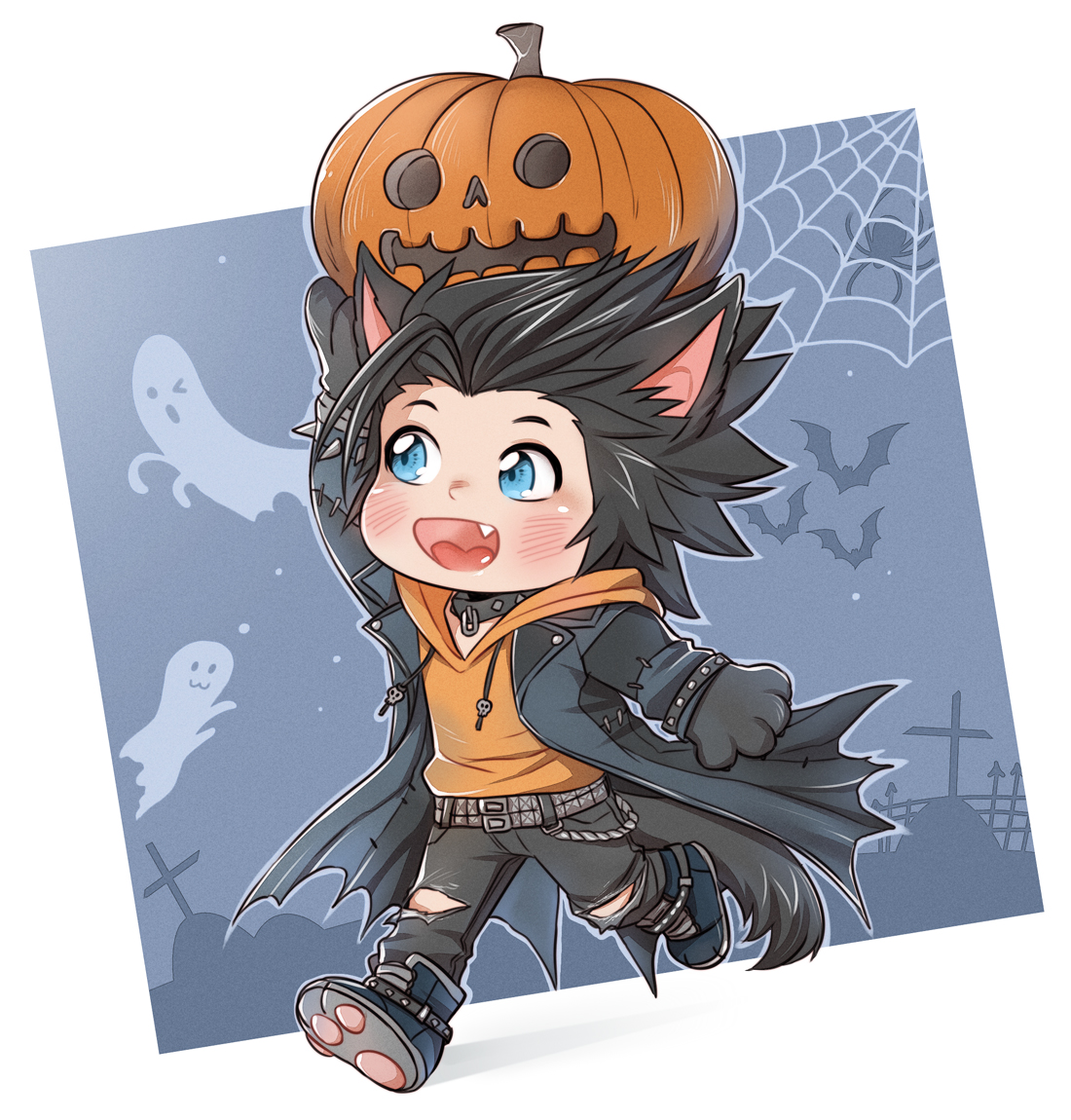 crylin6, zack fair, zack fair (black hound), final fantasy, final fantasy vii, final fantasy vii ever crisis, commentary, symbol-only commentary, 1boy, animal ears, arm up, bat (animal), black coat, black gloves, black hair, black pants, blue eyes, blush, coat, cross, fang, full body, ghost, gloves, graveyard, halloween, halloween costume, open clothes, open coat, open mouth, pants, pumpkin, running, short hair, solo, spiked hair, torn clothes, torn pants, wolf ears