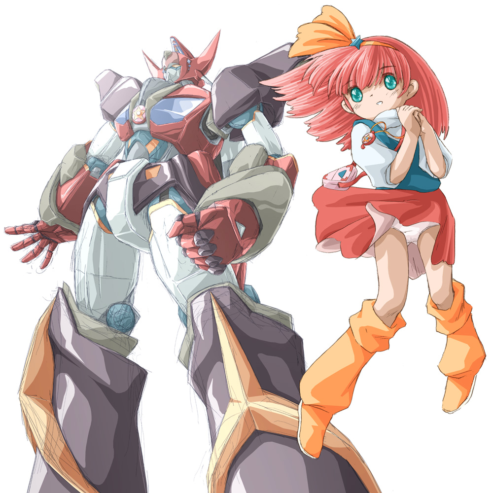 zummy, minky momo, mahou no princess minky momo, 1girl, aqua eyes, boots, bow, child, hair bow, jewelry, magical girl, mecha, necklace, panties, pantyshot, pink hair, red skirt, robot, short hair, skirt, star (symbol), turtleneck, underwear, upskirt, white panties